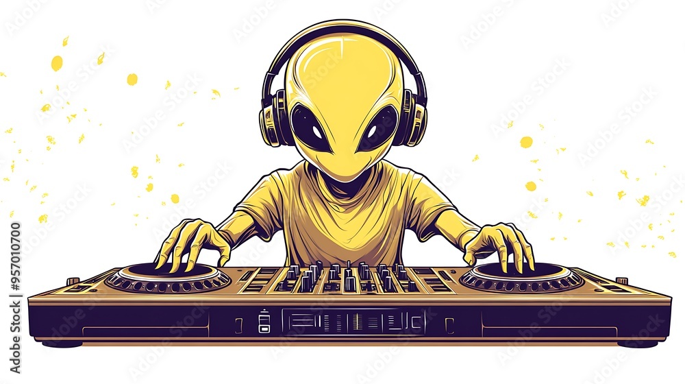 Happy Alien DJ Mixing Music in Vector Cartoon Style on White Background - Fun and Creative DJ Character Illustration Happy Alien DJ Mixing Music in Vector Cartoon Style on White Background - Fun and Creative DJ Character Illustration