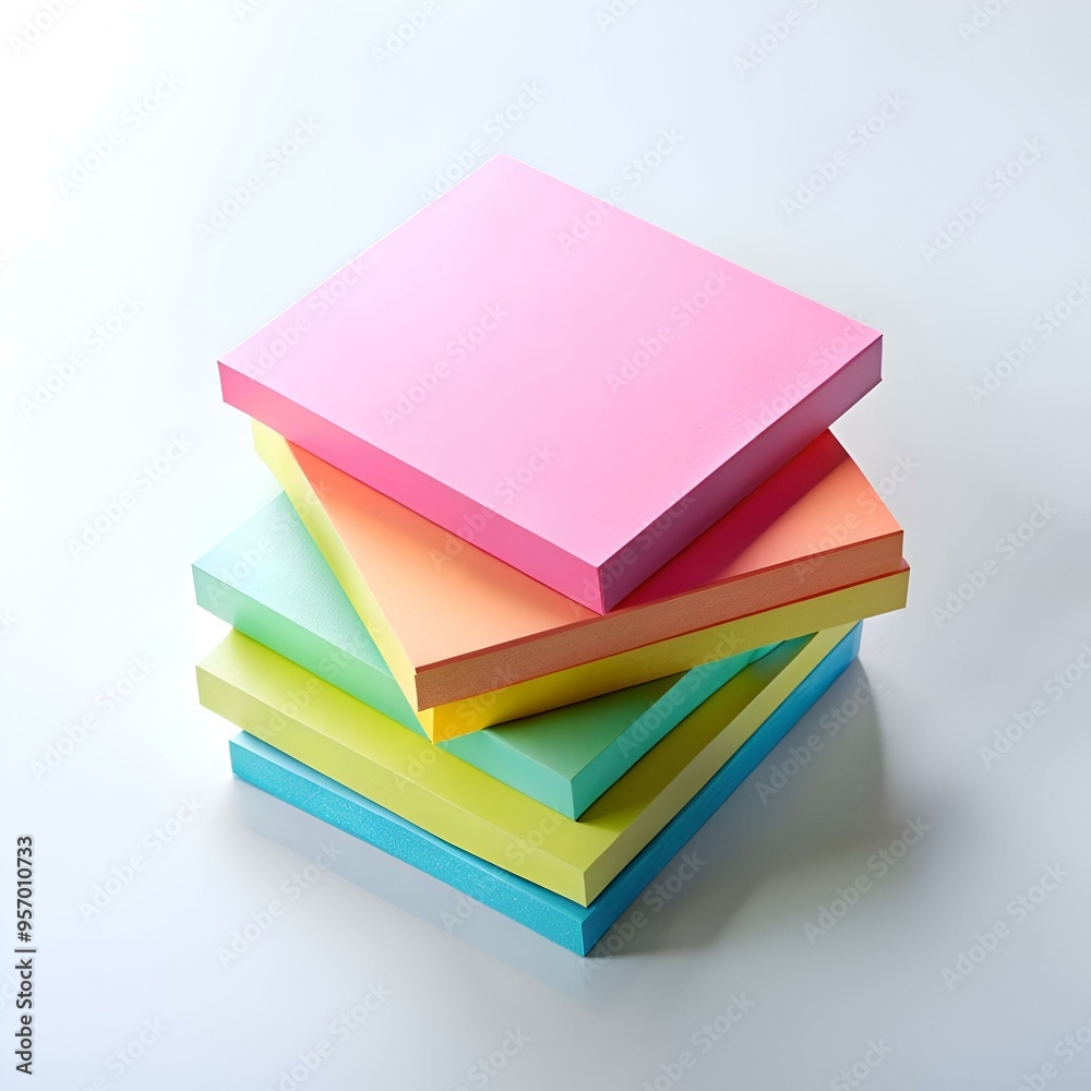 A stack of colorful sticky notes in pink. orange. green. yellow. and blue. ready for reminders and brainstorming. A stack of colorful sticky notes in pink. orange. green. yellow. and blue. ready for reminders and brainstorming.