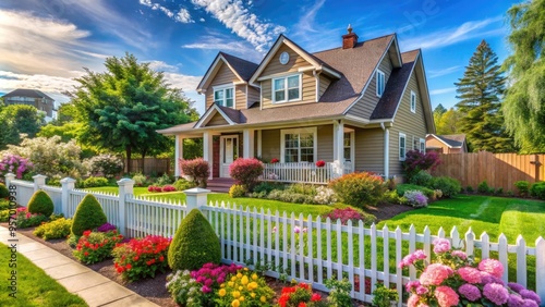 Sun-kissed suburban home with lush green lawn, vibrant flowers, and rustic wooden fence, nestled in a quiet residential street, evoking a sense of American small-town charm. photo