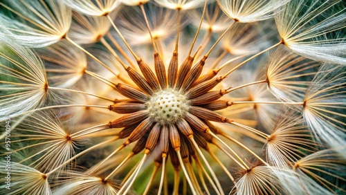 Delicate, intricate seeds bursting from a mature flower head, showcasing natural textures and earthy tones in a tightly framed, extreme close-up composition. photo