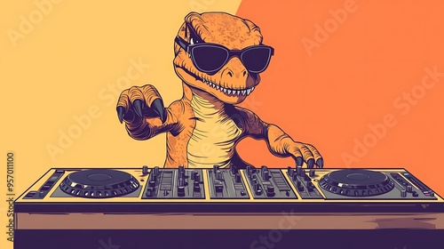 Funky Dino DJ: Cartoon Tyrannosaurus in Sunglasses Mixing Music at Prehistoric DJ Booth on Pastel Orange Background