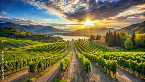Wallpaper Mural Sun-kissed vineyards stretch towards the horizon, rows of lush green grapes ripe for harvest, amidst the rolling hills of the picturesque Okanagan Valley wine country. Torontodigital.ca