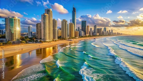 Sun-kissed Surfers Paradise beach showcases turquoise waves, golden sand, and sleek high-rise buildings along the vibrant Queensland shoreline in Gold Coast, Australia.