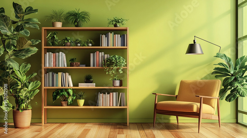 Wooden book shelf in front of lime green yellow  wall, wooden floor, houseplant. Minimalistic interio design.	
 photo