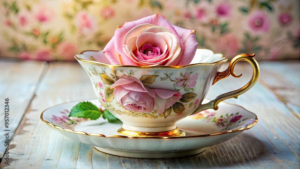 Delicate, long-stemmed rose blooms nestled inside a dainty, ornate vintage teacup, adorned with intricate patterns and golden accents, evoking feelings of nostalgic elegance. Delicate, long-stemmed rose blooms nestled inside a dainty, ornate vintage teacup, adorned with intricate patterns and golden accents, evoking feelings of nostalgic elegance.