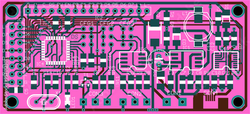 Vector printed circuit board of electronic 
device with components of radio elements, 
conductors and contact pads placed on pcb. 
Engineering computer technic drawing.
