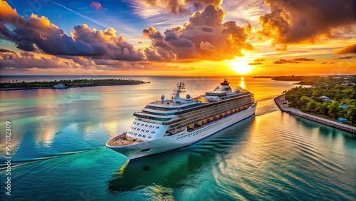 Sunset-lit, sleek cruise liner glides across tranquil turquoise waters, its opulent amenities and lavish balconies offering unparalleled indulgence in exotic destinations. photo