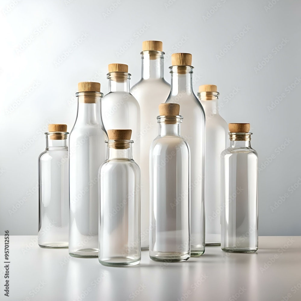 A group of seven clear glass bottles with cork tops. arranged in a minimalist composition.