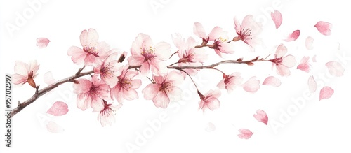 Elegant Cherry Blossom Branch Illustration in Watercolor Style