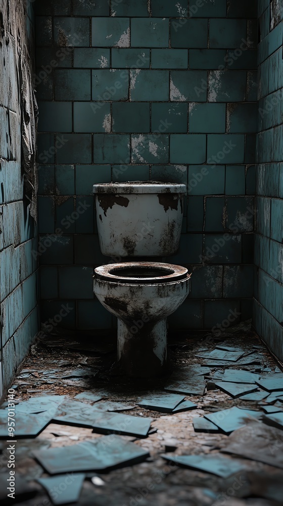 Dark and foreboding bathroom with a cracked toilet and shattered tiles Dark and foreboding bathroom with a cracked toilet and shattered tiles