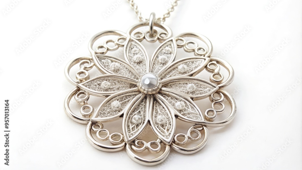 Obraz premium Delicate ornate silver filigree flower-shaped ornament adorned with intricate swirls and tiny crystal beads hangs elegantly from a polished chain on a soft white background.