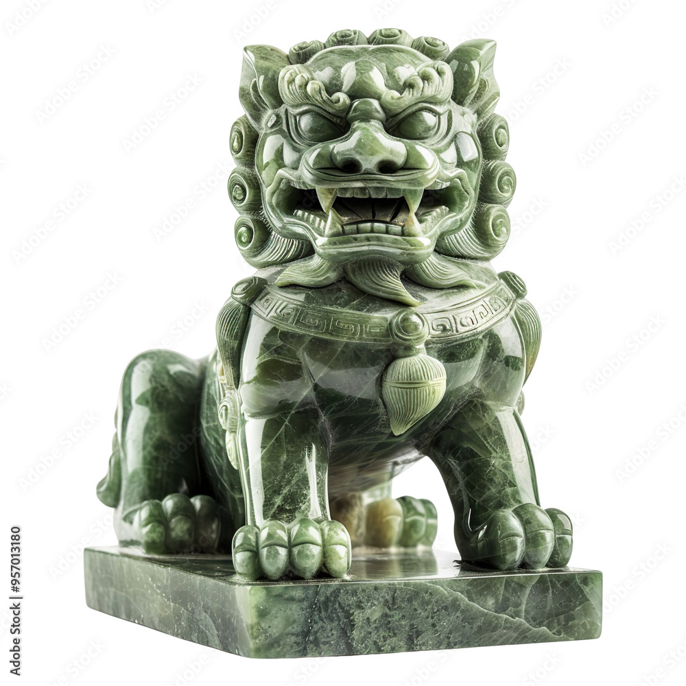 Front view of a majestic jade temple lion statue kept in product photography style isolated on a white transparent background Front view of a majestic jade temple lion statue kept in product photography style isolated on a white transparent background