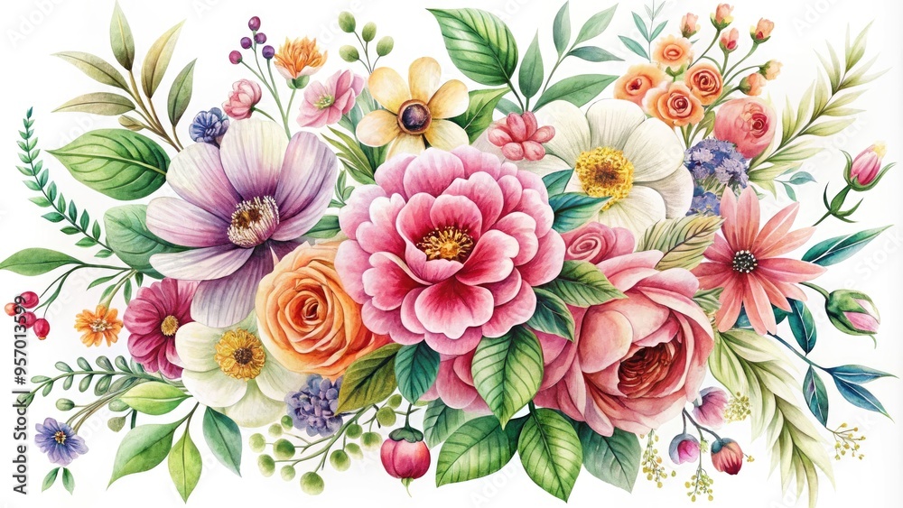 Delicate petals and intricate patterns converge in a vibrant floral design, featuring a colorful bouquet of blooming flowers set against a clean white background. Delicate petals and intricate patterns converge in a vibrant floral design, featuring a colorful bouquet of blooming flowers set against a clean white background.