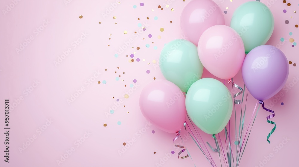 A charming display of pastel pink, lavender, and mint green balloons with scattered confetti on a soft pink background, perfect for celebrations A charming display of pastel pink, lavender, and mint green balloons with scattered confetti on a soft pink background, perfect for celebrations