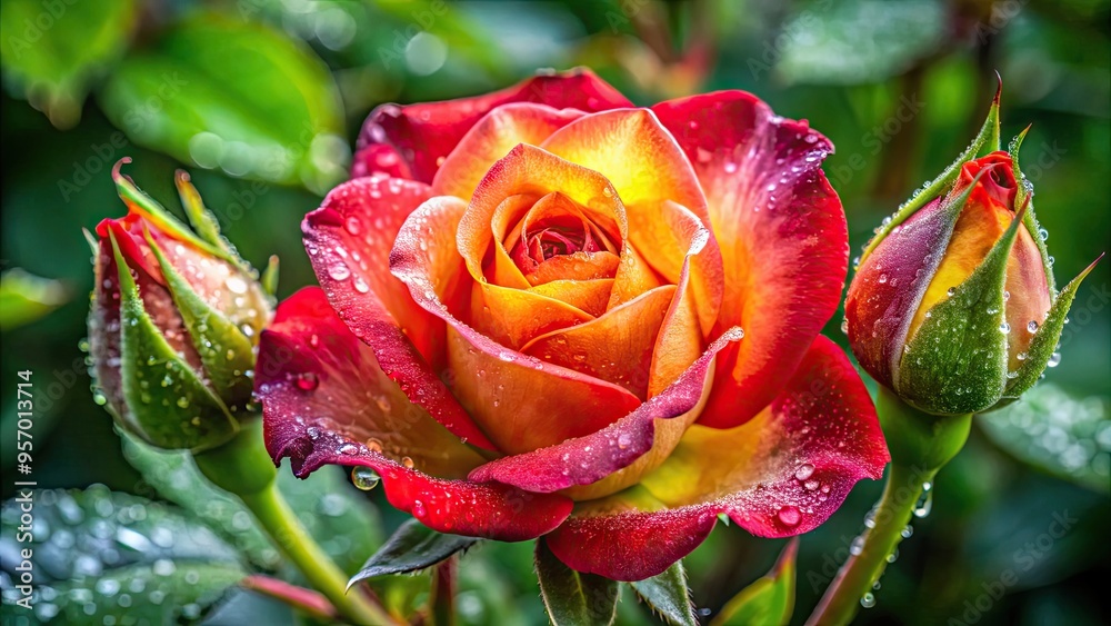Delicate petals of a fiery red rosebud slowly unfurl, revealing tender hints of pink and yellow, surrounded by lush green leaves and subtle morning dew. Delicate petals of a fiery red rosebud slowly unfurl, revealing tender hints of pink and yellow, surrounded by lush green leaves and subtle morning dew.