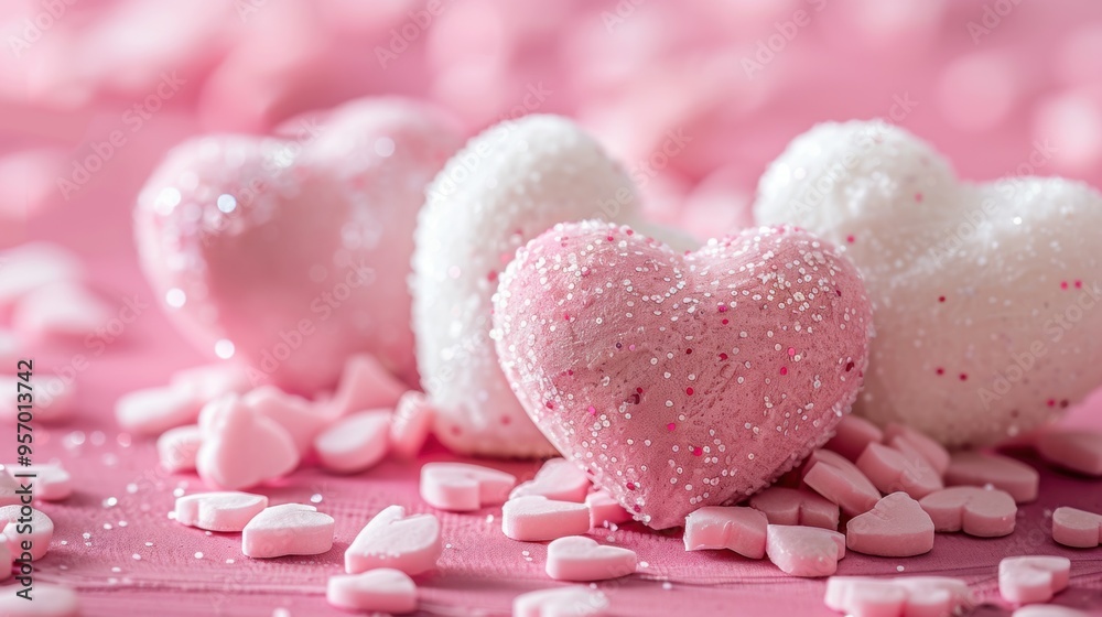 Fototapeta premium Pink background with white pink hearts