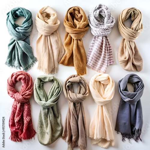 A collection of ten stylish scarves in various colors and patterns. perfect for adding a touch of warmth and elegance to your autumn and winter outfits.