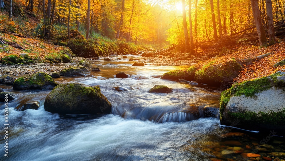 Magic river in autumn forest at sunrise. Magic river in autumn forest at sunrise.