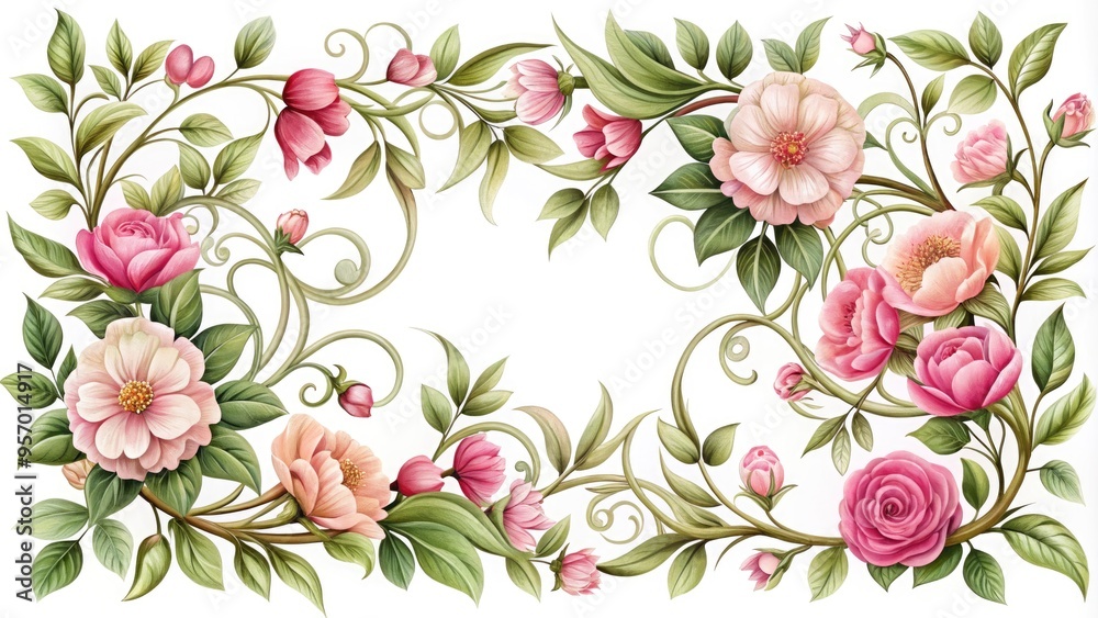 Obraz premium Delicate pink flowers bloom within an intricate, ornate border, featuring intertwining vines and leaves, adding a touch of elegance to any design or composition.