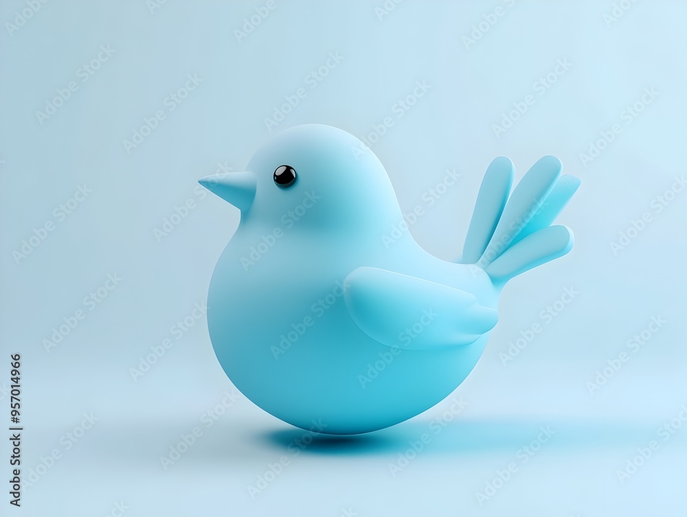 Cute Minimalist Pastel Blue Bird Perched on White Background Cute Minimalist Pastel Blue Bird Perched on White Background