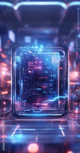 futuristic background with glowing lights and glass cube