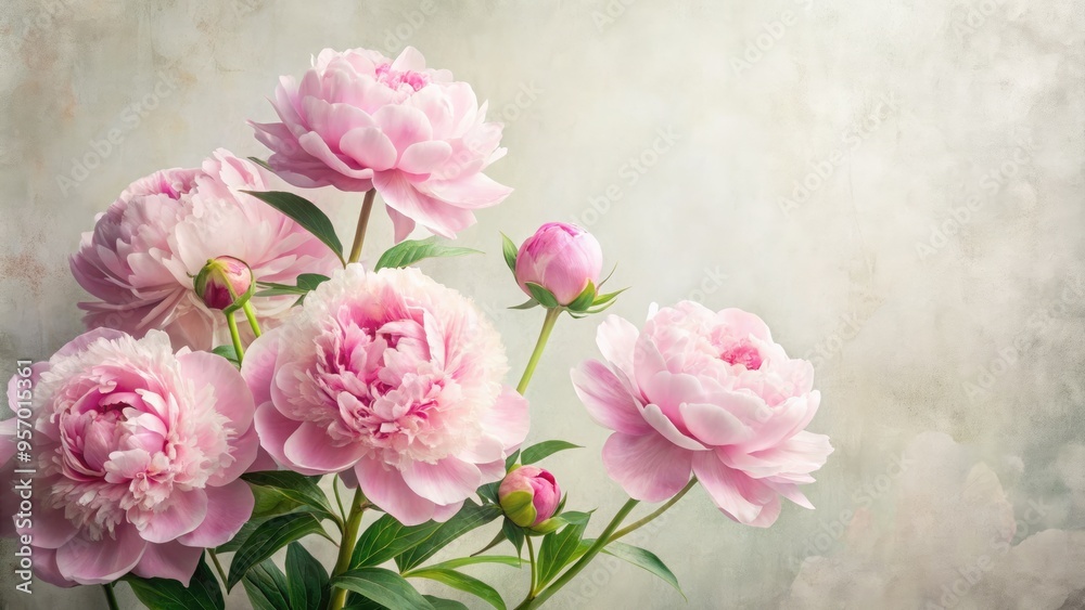Delicate pink peonies bloom against a soft, creamy white textured background, creating a serene and romantic floral wallpaper design for digital or print use. Delicate pink peonies bloom against a soft, creamy white textured background, creating a serene and romantic floral wallpaper design for digital or print use.