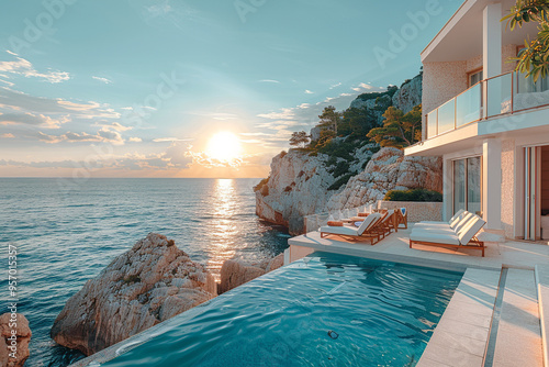 Perched on a cliff overlooking sparkling azure sea, luxury modern white beach hotel with a panoramic view offers a breathtaking vista of sun setting over horizon, casting a warm golden glow on swimmin photo