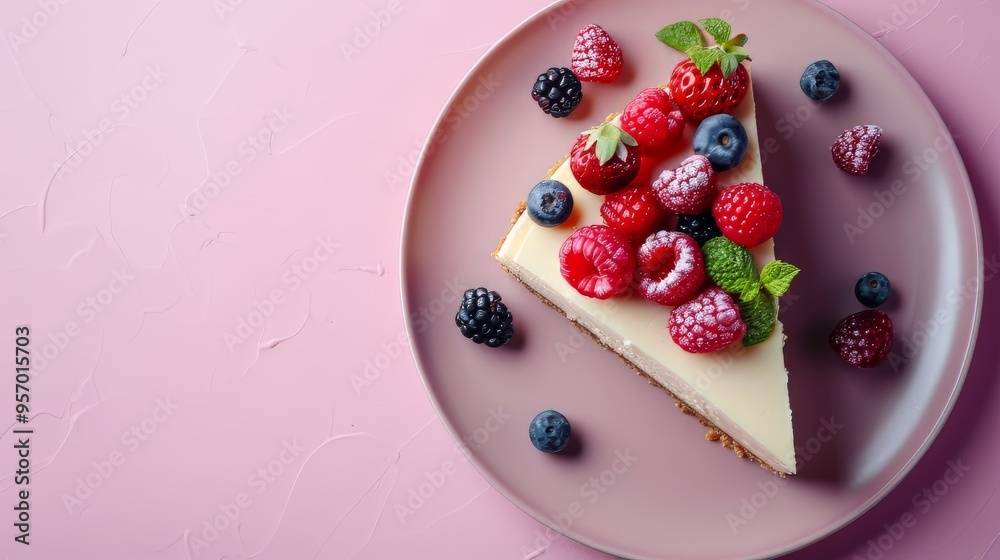 A slice of creamy cheesecake with a berry topping A slice of creamy cheesecake with a berry topping