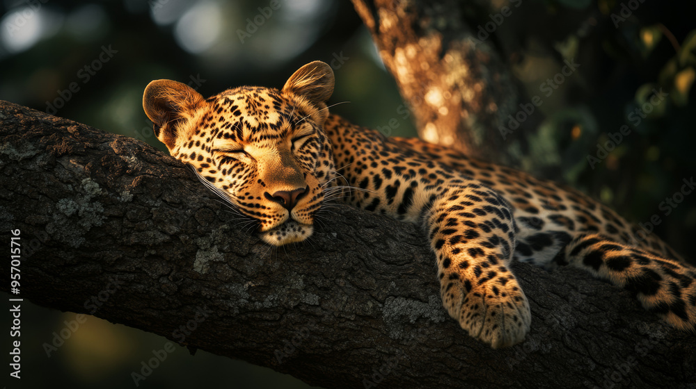 Fototapeta premium Sleeping Leopard in a Tree: Wildlife Photography