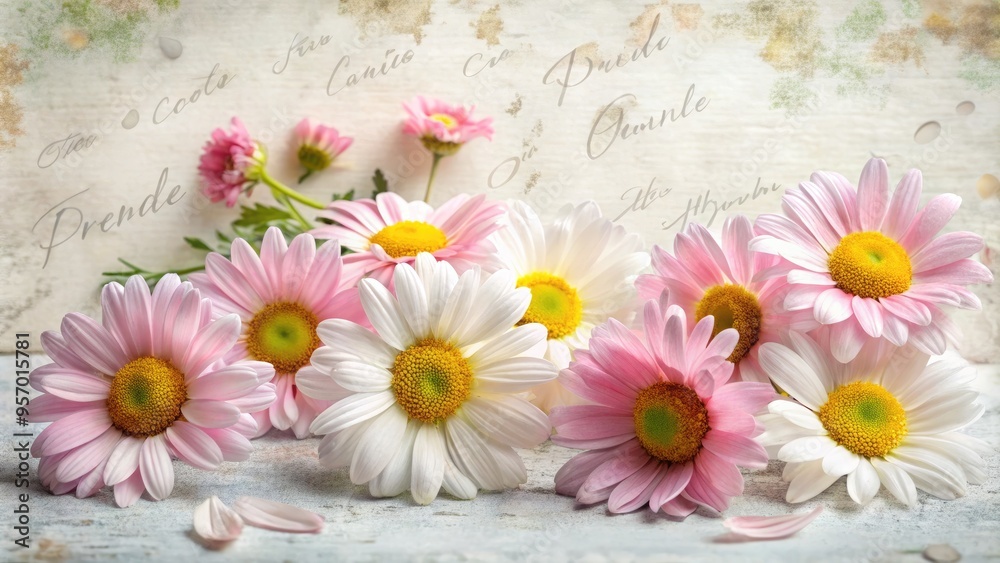 Obraz premium Delicate pink petals and yellow centers of fresh daisies adorn a soft, white background, surrounded by subtle texture and gentle, cursive script, conveying warmth and friendship.