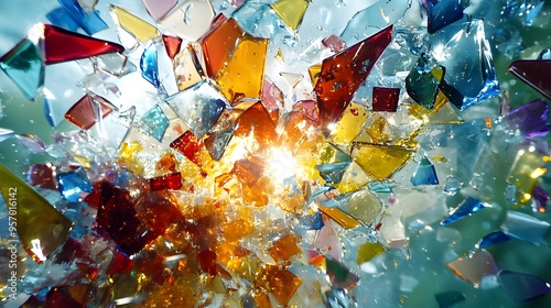 Shattered Glass in Color: A mid-air explosion of colored glass shards, capturing the moment of impact as the pieces scatter and reflect light.
