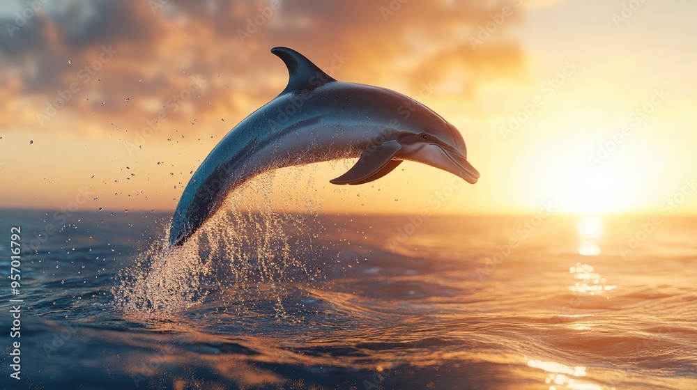 Fototapeta premium a dolphin leap form sea water surface on sunset