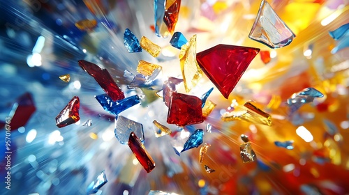 Shattered Glass in Color: A mid-air explosion of colored glass shards, capturing the moment of impact as the pieces scatter and reflect light.
