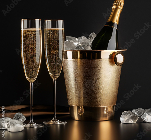 Bucket with ice, a bottle of champagne and two filled glasses on a black background