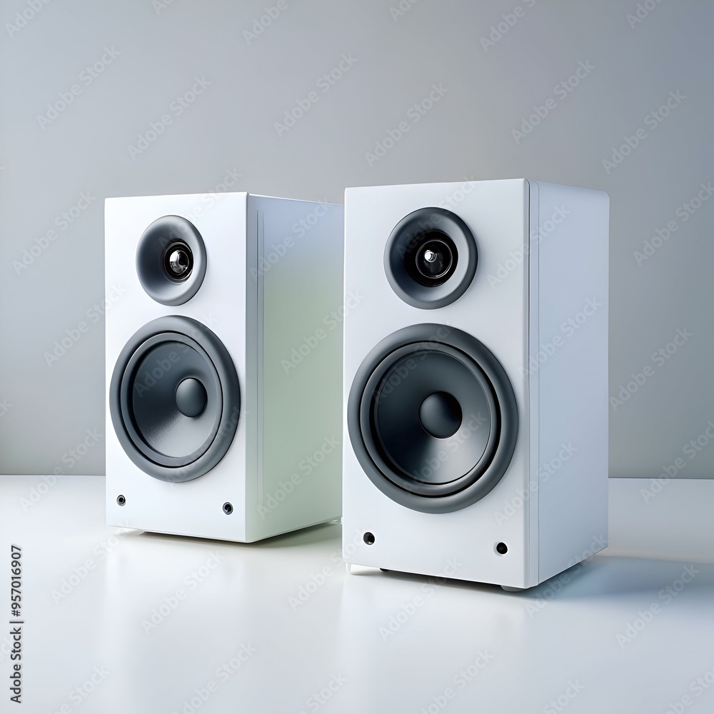 A pair of sleek white speakers isolated on a white background. A pair of sleek white speakers isolated on a white background.