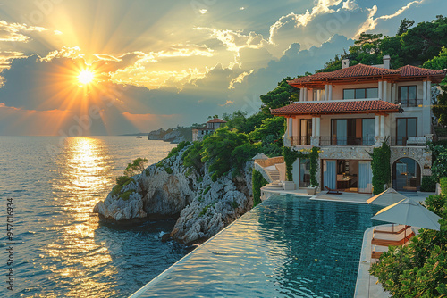 luxury villa with pool exudes a millionaire's life vacation vibe on a hilltop with a wide-angle view of sparkling azure sea as golden rays of sunset cast a warm glow over sprawling estate photo