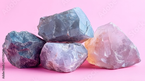 Colorful crystal stones displayed on a pink background