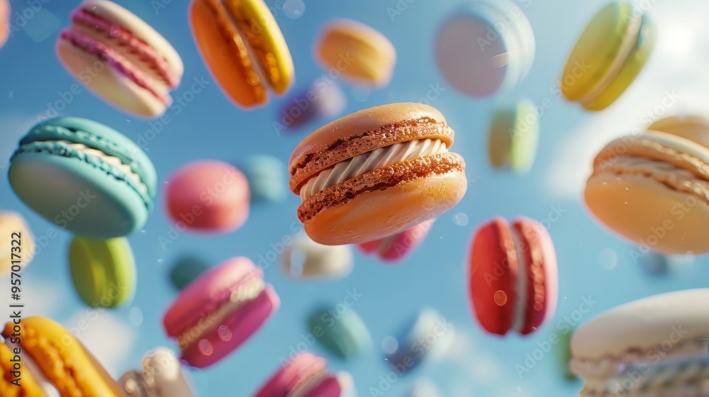 Obraz premium Various colorful of macarons floating on the air