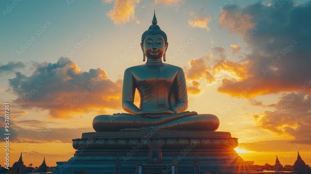Standing Buddha statue at dawn Standing Buddha statue at dawn