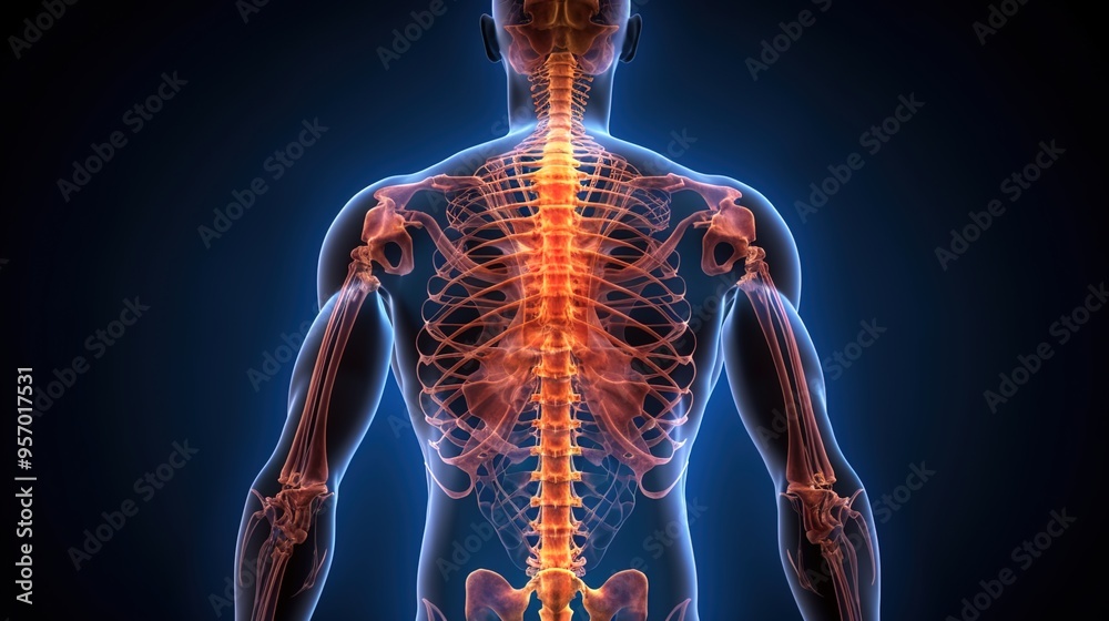 An X-ray image of the human body, with a glowing spine and hip bones An X-ray image of the human body, with a glowing spine and hip bones