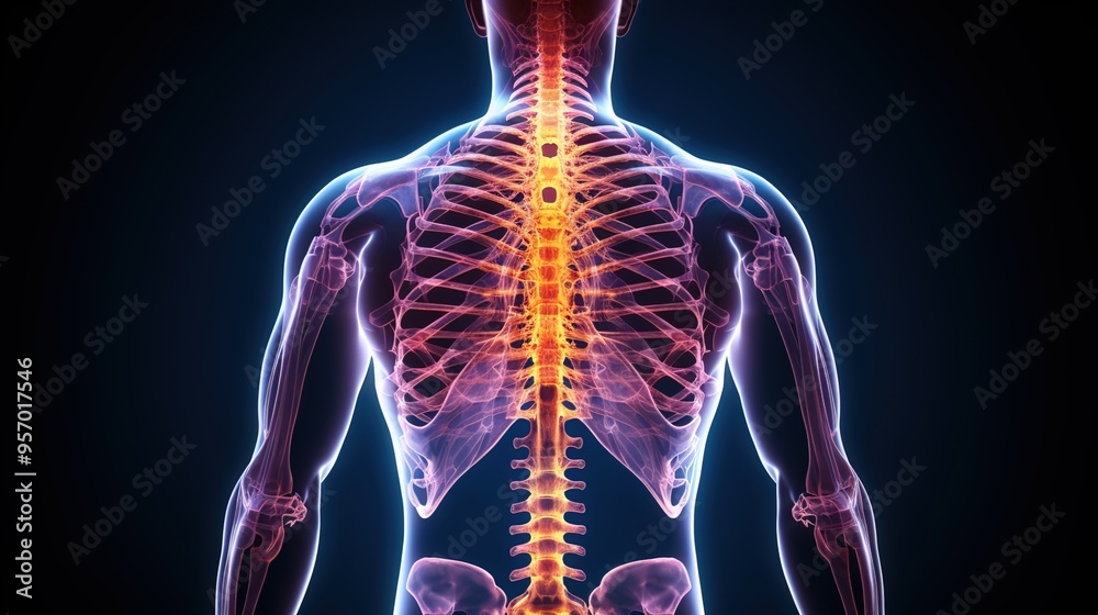 An X-ray image of the human body, with a glowing spine and hip bones An X-ray image of the human body, with a glowing spine and hip bones