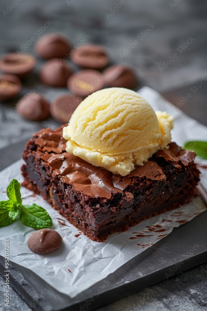Chocolate brownie with a scoop of vanilla ice cream Chocolate brownie with a scoop of vanilla ice cream
