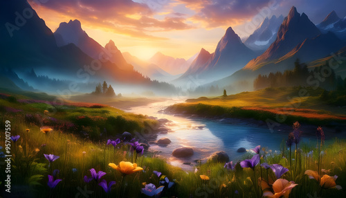  Vibrant Mountain Landscape with River and Wildflowers at Sunset