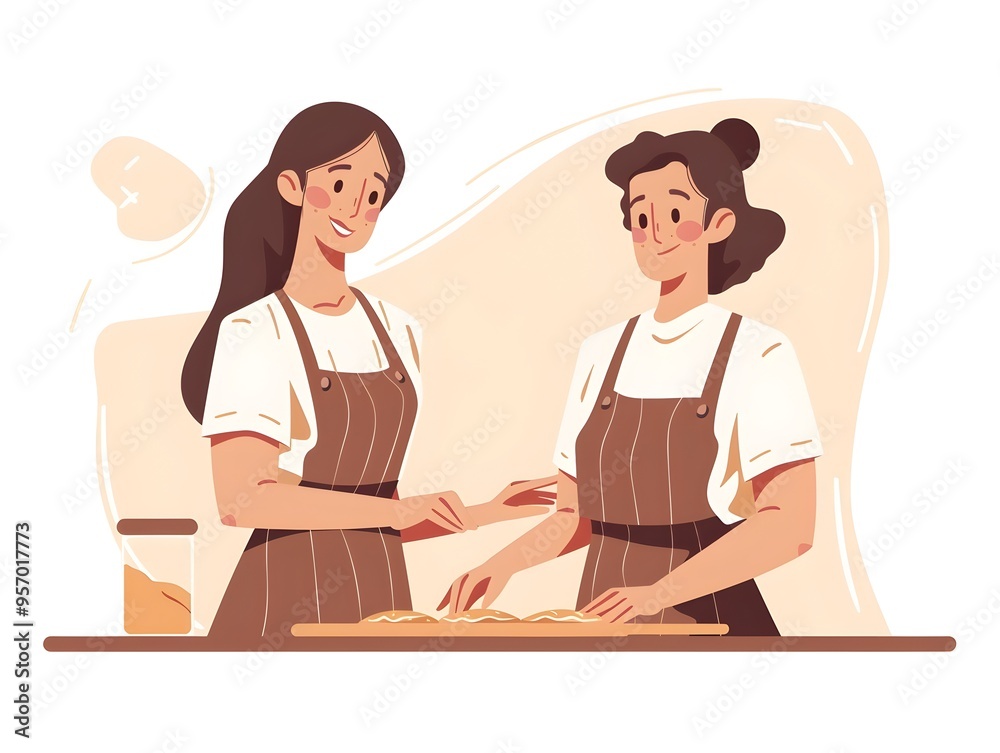 Two women in kitchen aprons kneading and rolling dough on table  enjoying cooking together as a bonding activity