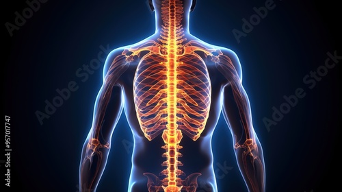 An X-ray image of the human body, with a glowing spine and hip bones 