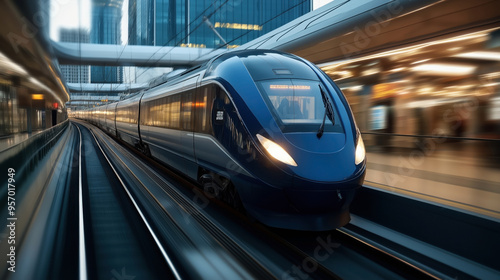 High-speed blue train moving through a modern urban station with glass buildings in the background, creating a sense of motion and speed.