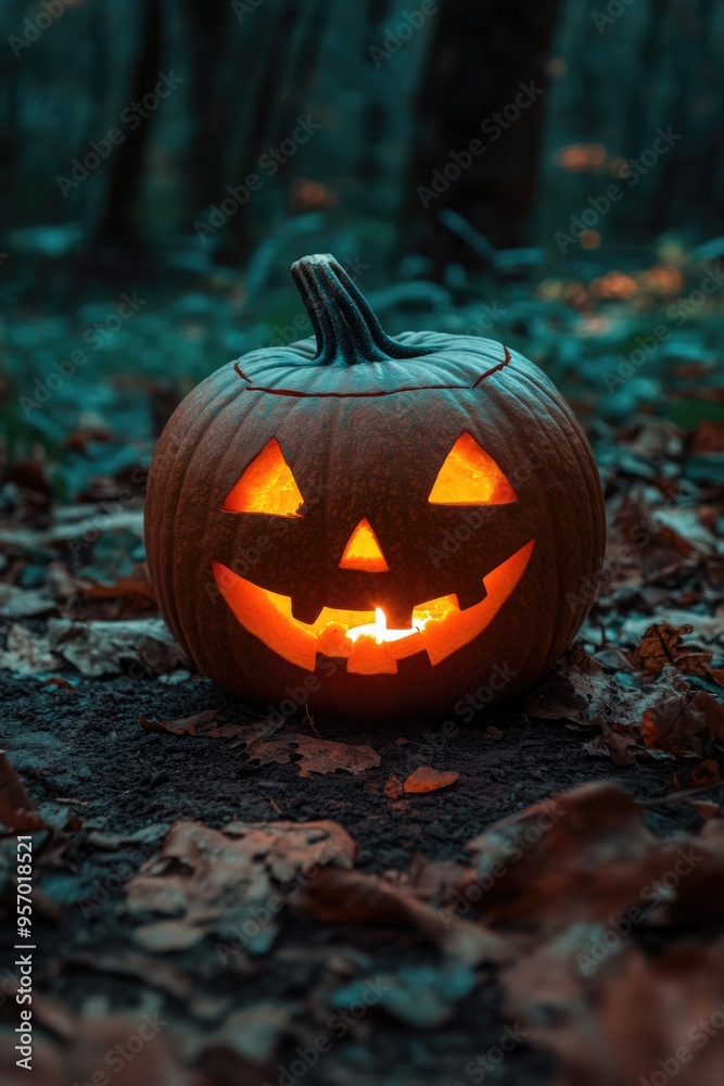 Carved Pumpkin in Forest Carved Pumpkin in Forest