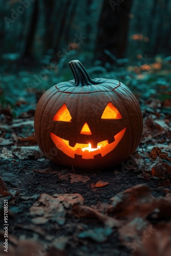 Carved Pumpkin in Forest