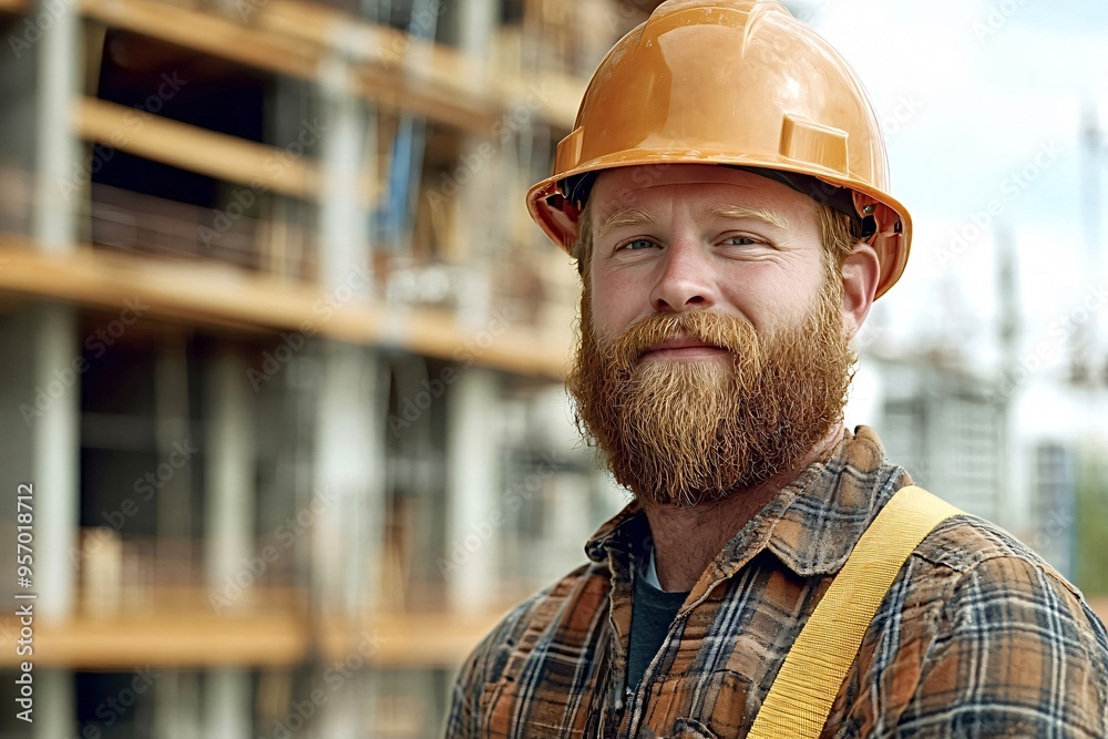 Construction worker with a beard is standing in front of a construction site, wearing a hard hat and smiling confidently Construction worker with a beard is standing in front of a construction site, wearing a hard hat and smiling confidently