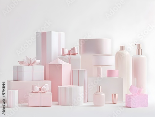 Elegant Assortment of Gift Packaging and Product Arrangement on Clean White Background